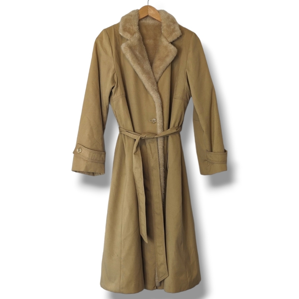 Vtg Faux Fur Lined Trench in Neutral Camel Belted Waist Bonders: Women's Large